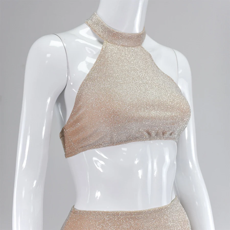 

Women 2 Piece Set Party Sexy Halter Sleeveless Crop Top Bodycon Short Dress Two Piece Club Outfits Mini Skirt Summer Vestidos