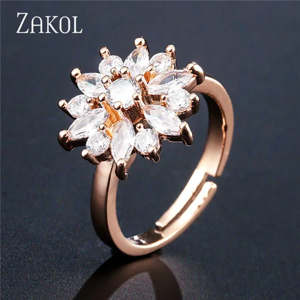 Rose Gold ZAKOL, модное розовое золото, цветок, кластер, прозрачный кристалл, цирконий, открытые кольца для женщин, свадебные ювелирные изделия Brincos FSRP2124 - Цвет основного камня: Rose Gold