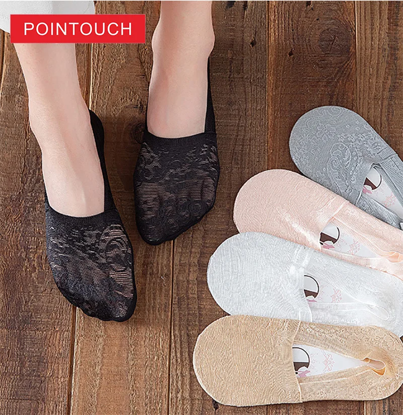 

New Arrival Summer Women Silica Gel Lace Boat Socks Invisible Cotton Non-slip Antiskid Slippers Anti-Slip Sock 1pair=2pcs