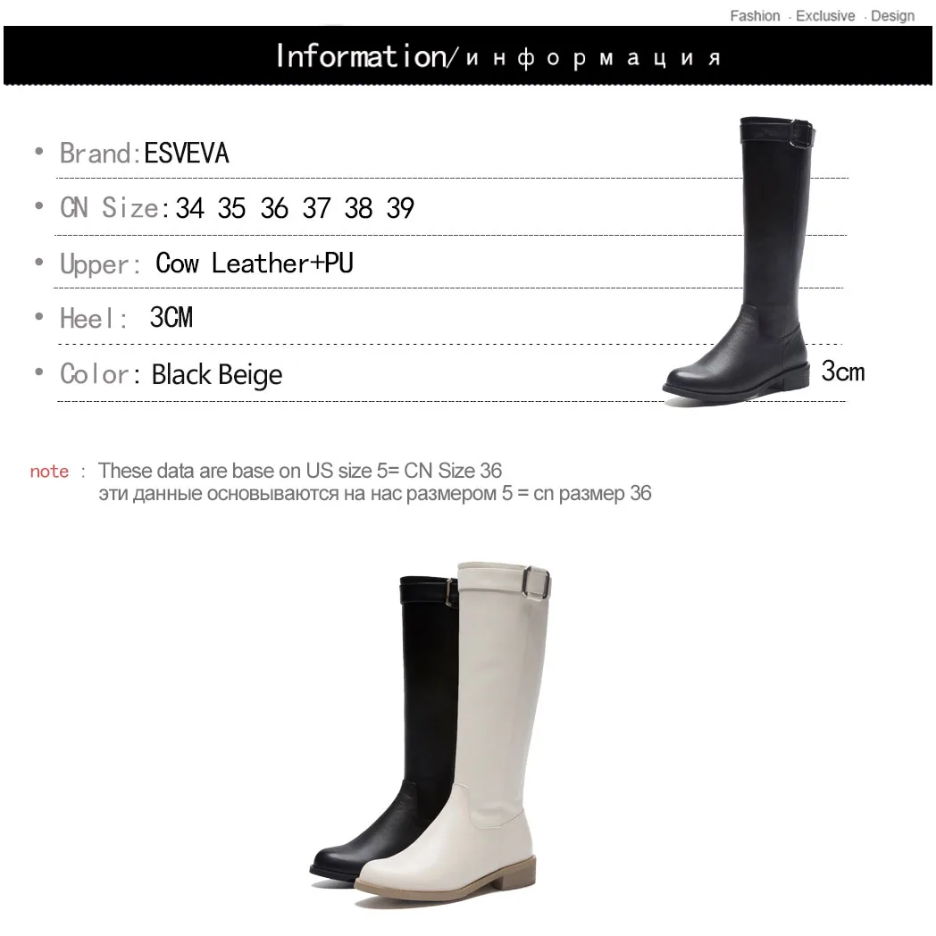 ESVEVA 2020 Shoes Women Knee-high Boots Square Med Heel PU+Leather Fashion Platform Buckle Motorcycle Size 34-39 | Обувь