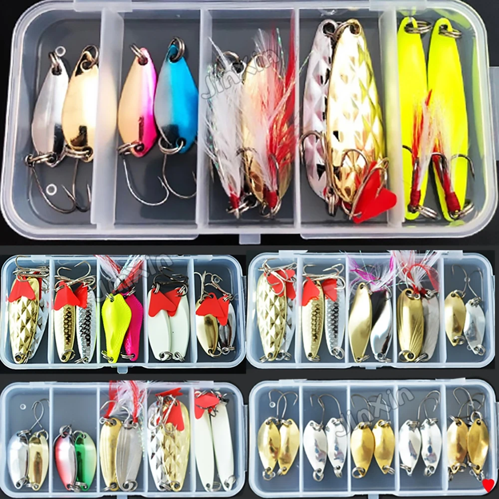 

10Pcs Fishing Metal Spoon Lure Kit Set Gold Silver Baits Multiple Sequins Spinner Lures with Box Treble Hooks Fishing YU081