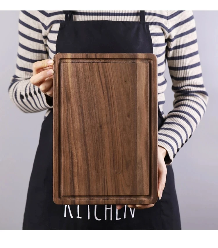 

Black walnut Rectangle pizza chopping board with handle Solid wood unpainted household cutting board Slotted steak plate bread