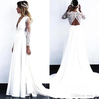 2020 wedding dress plunging deep v neck lace open back a line long sleeves lace and chiffon beach bridal gown wedding dresses