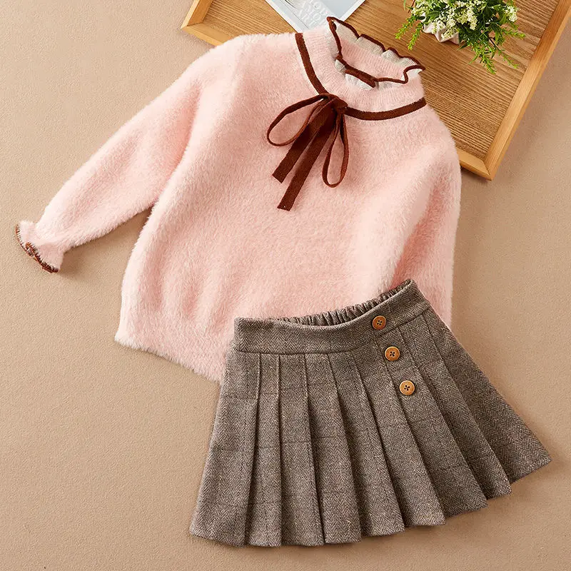 

Girls' Suit Sweater Pleated Skirt New Two Piece Set Autumn And Winter Children's Extra Warm And Fashionable Mink Fashion