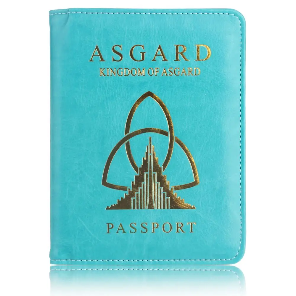 Light Blue TRASSORY RFID Блокировка ASGARD чехол держатель для паспорта Марвел Мстители Кожаная Обложка для паспорта для мужчин и женщин - Цвет: Light Blue