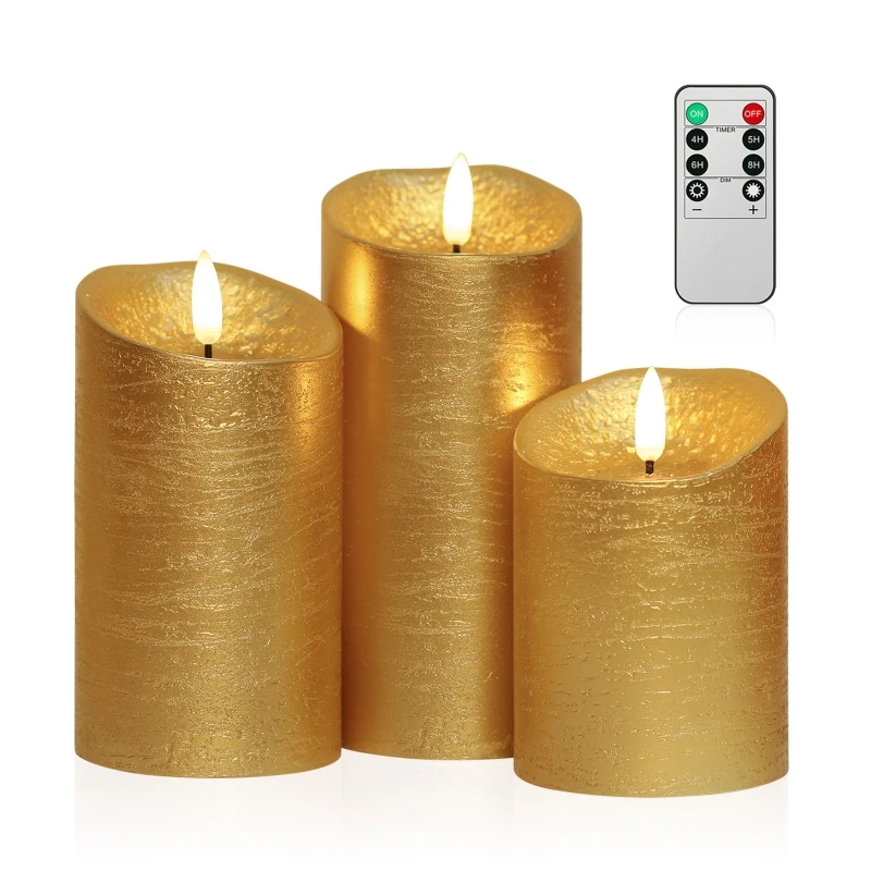 

3Pcs/Set Battery Operated Flickering Flameless Candle Electric LED Real Wax Light with Remote Control Large Pillar Fake Tea for