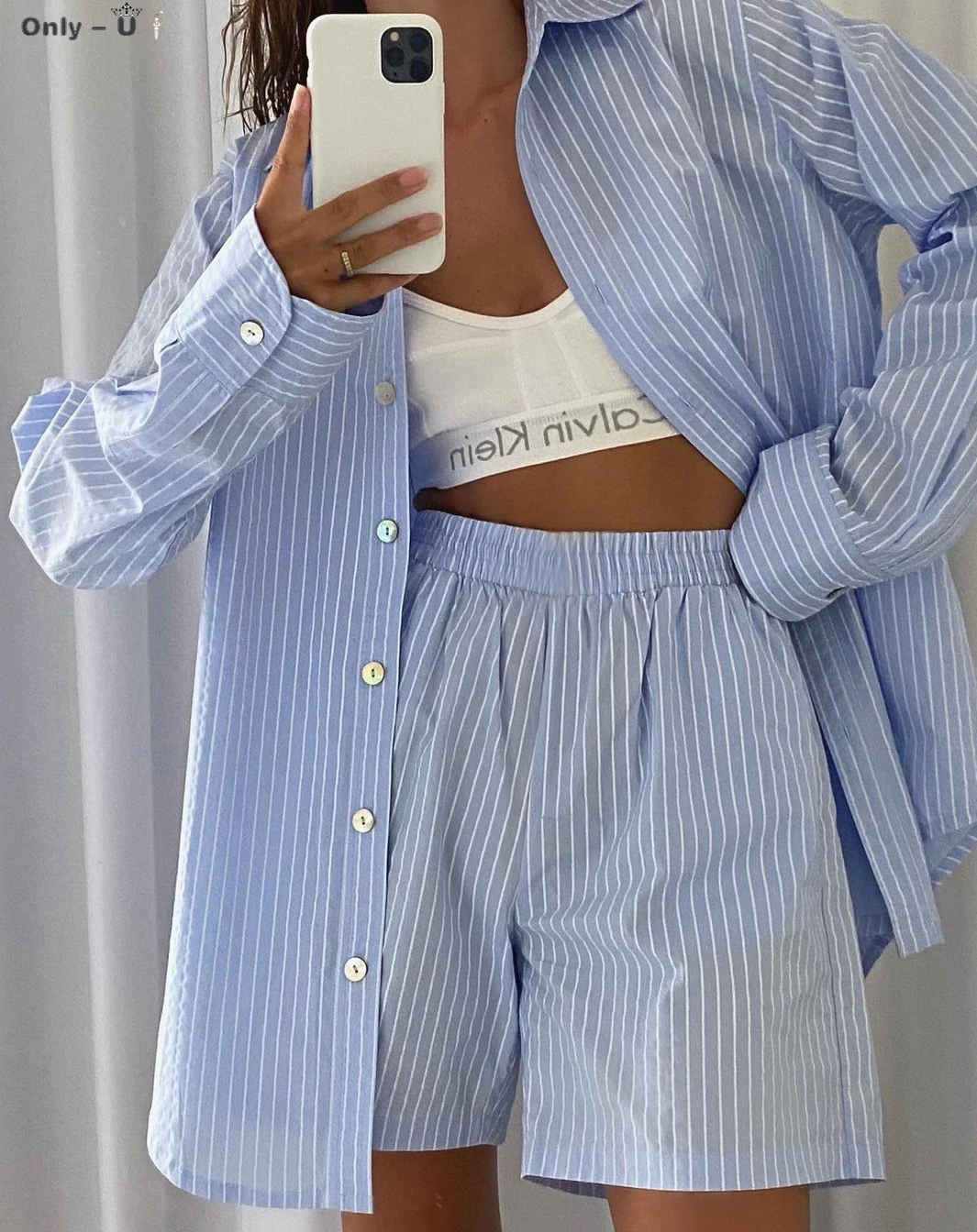 

2021 Loung Wear Tracksuit Women Shorts Set Striped Long Sleeve Shirt Tops And Loose High Waisted Mini Shorts Two Piece Set Women
