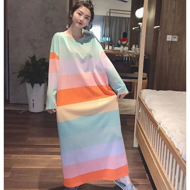 В полоску Женская летняя модная ночная сорочка с длинными рукавами Повседневная