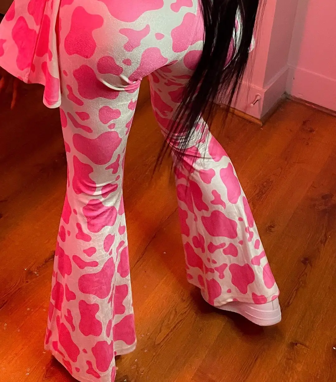 

Women\u2019s Casual Flare Long Sleeve Romper Personality Sexy Digital Printing Zipper Tight-fitting Long Jumpsuit