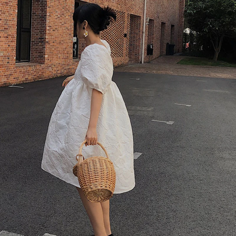 

2020 New Summer And Autumn Fashion Women Clothes Hubble-Bubble Sleeve Sqaure Collar Lantern Sleeves Pullover Dress