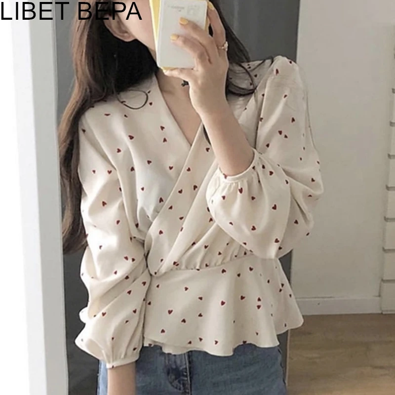 Женская блузка с пышными рукавами элегантная повседневная рубашка V образным