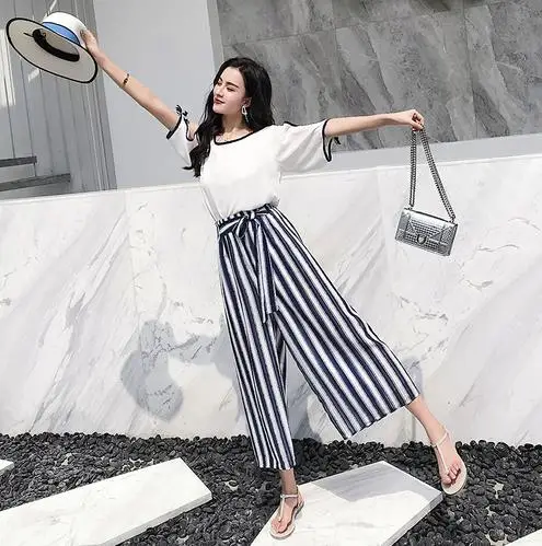 Новые летние 2019 Для женщин модные комплекты одежды в полоску из двух предметов
