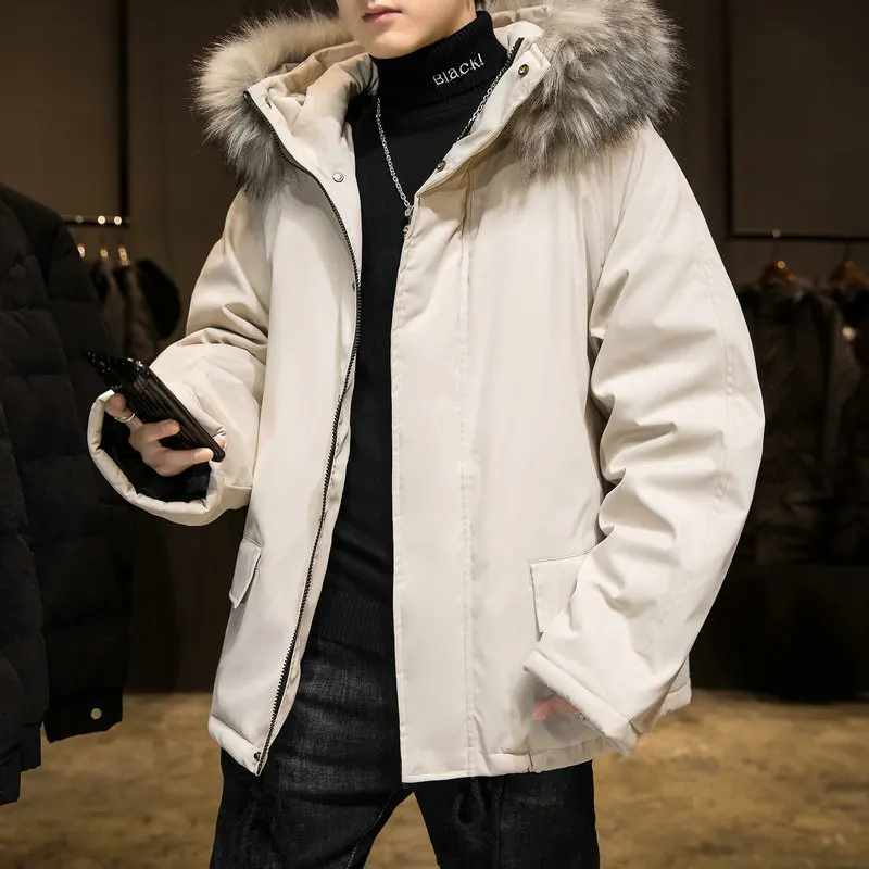 

Korean New Windproof Winter Jacket Men Fur Hooded Parka Harajuku Warm Coat Men Thicken Zipper Outwear