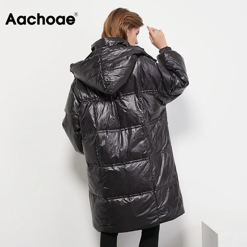 

Aachoae Fashion Black Hooded Coat Women Long Sleeve White Duck Down Jacket With Pockets Streetwear Thick Warm Long Coats Winter