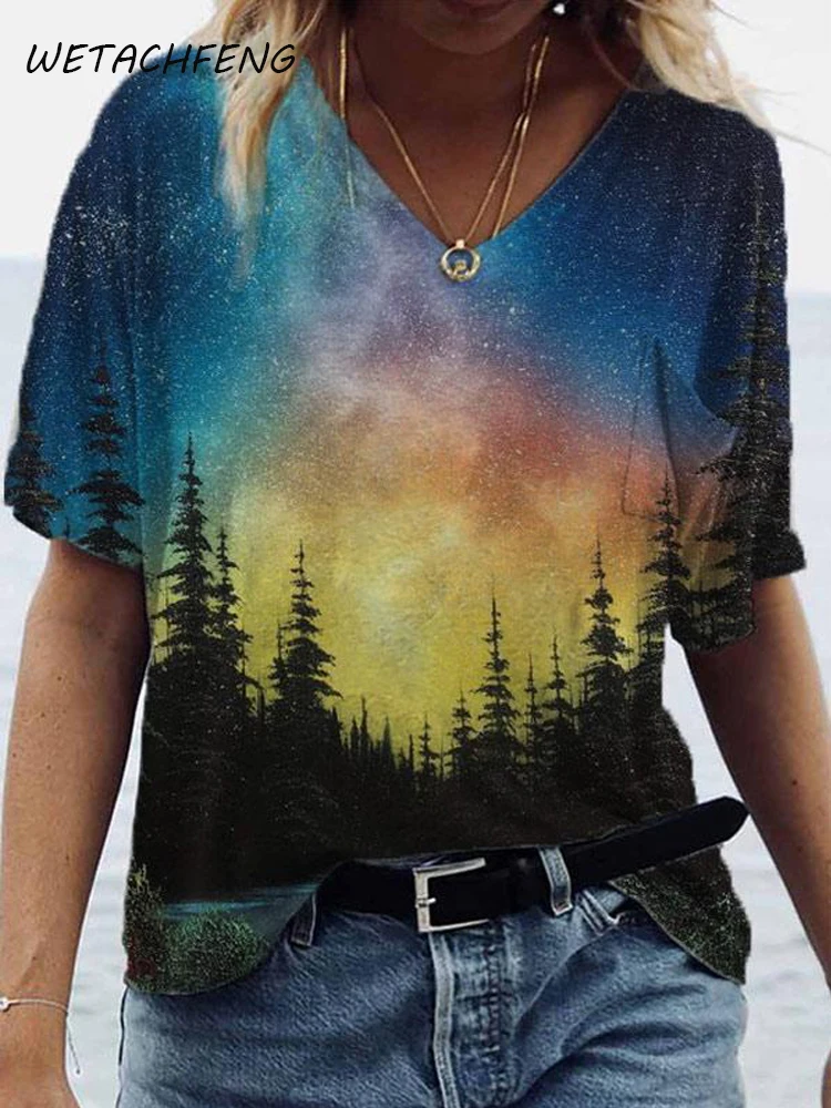 

Womens Tops And Blouses Oversize Casual Loose Landscape Printed Vintage V Neck Pocket Tunic Plus Size Shirts Female Clothing