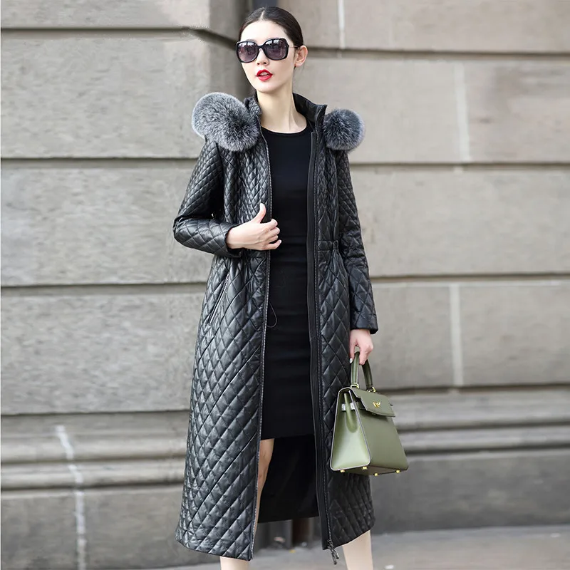 

Женское пальто из 2023 овчины, Куртки из натуральной кожи, пальто с воротником-стойкой и капюшоном из лисьего меха, Женская куртка WXF262