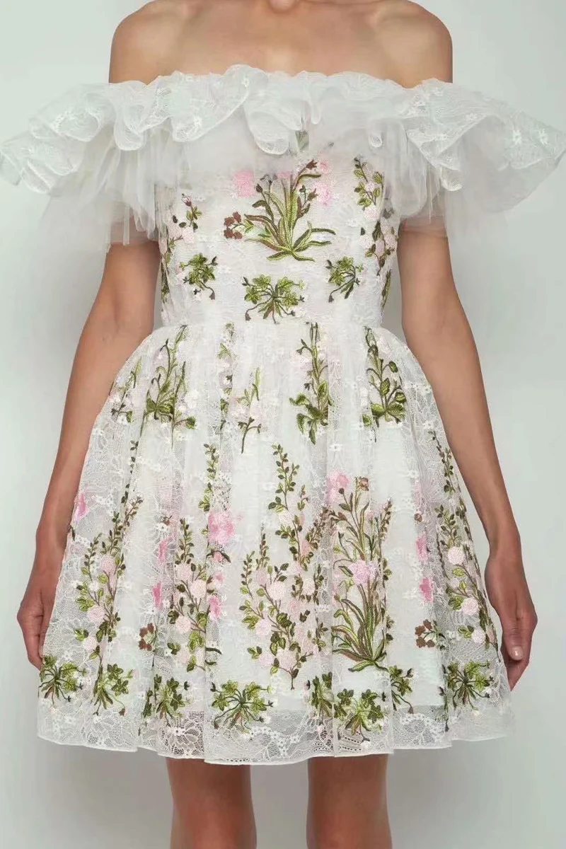 

Mini Dress Designer Spring Summer New High-Quality Women'S Embroidery Print White Lace Fashion Party Sexy Off Shoulder Dresses