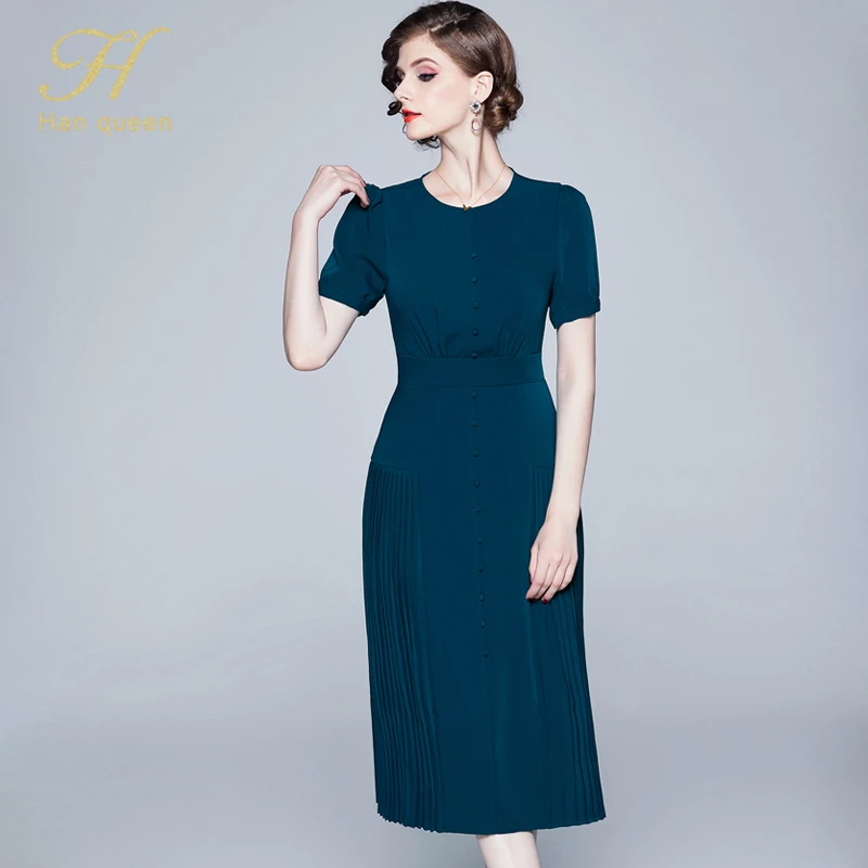 H Han queen женское осеннее подиумное складное вечернее платье vestidos дамское с круглым вырезом однобортное модное женское тонкое Повседневное платье для работы