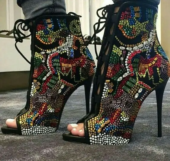 

Fashion Crystal Covered Comic Open Toe Booties Lace Up Multicolor Diamond High Heels Summer Sandals Boots Sexy Ladies Stiletto