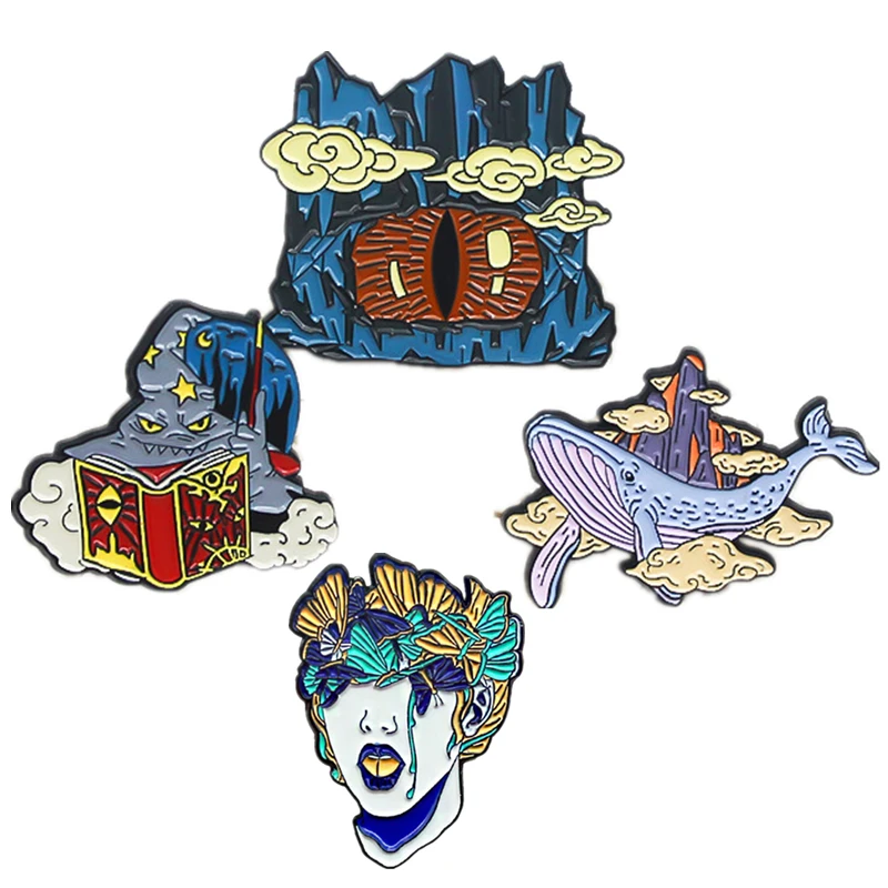 

Big Eye Cave Enamel Pins Shark Flying to The Top of The Cloud Brooches Lapel Pins Badge Jewelry Gifts for Friends Wholesale