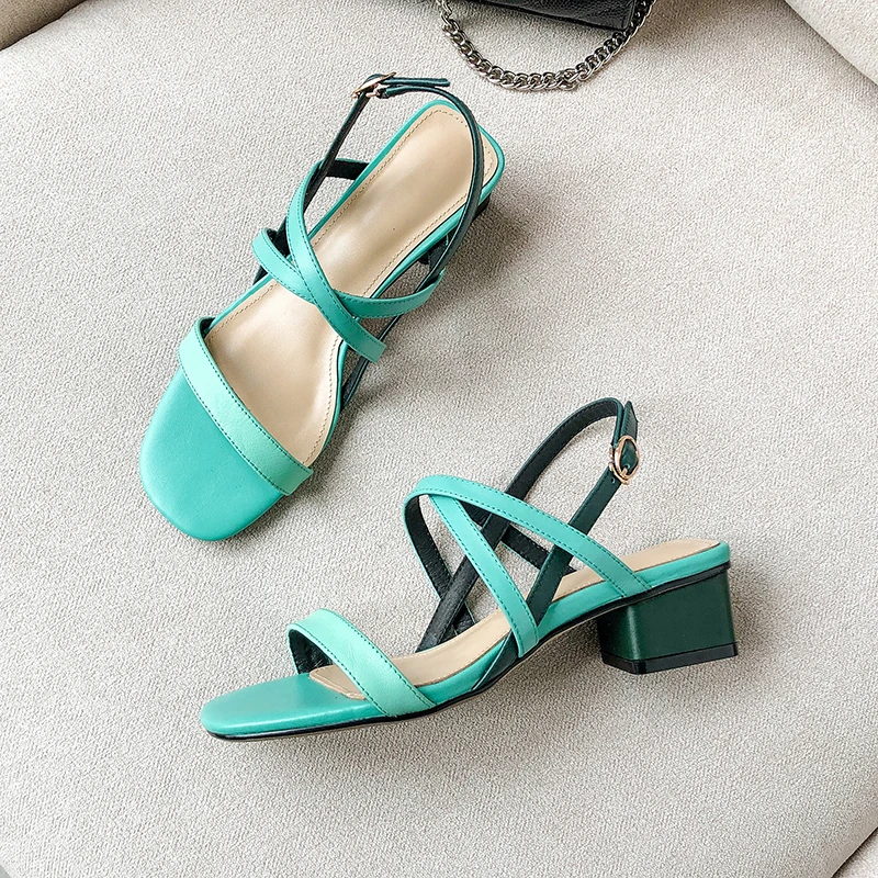 New women sandals genuine leather thick high heels sandals woman mixed colors cross buckle ladies dress party shoes