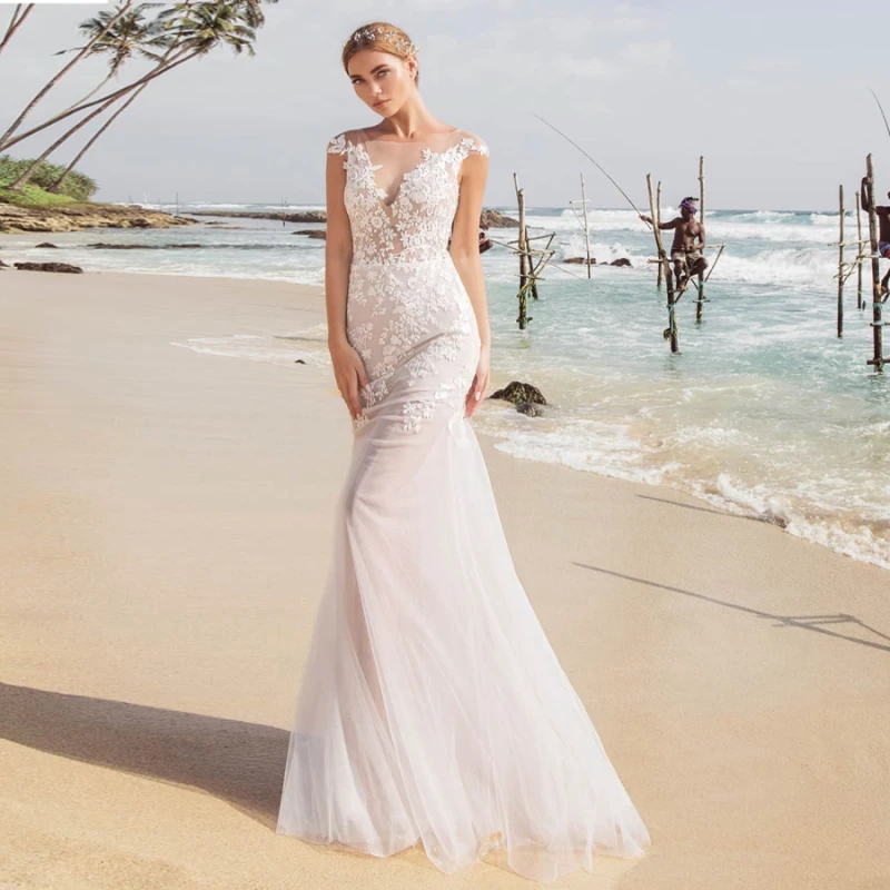 

Summer Beach Lace Cap Sleeves Bridal Wedding Gowns Illusion Jewel Neck Appliqued Wedding Dress for Bride with Detachable Skirt