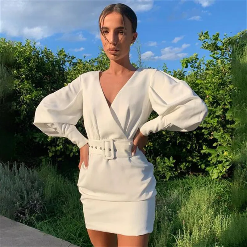 

Women's Solid Puff Sleeve Dress 2021 Autumn Spring Long Sleeve Sexy Deep V-neck Dress with Waistband Fashion White Short Dresses