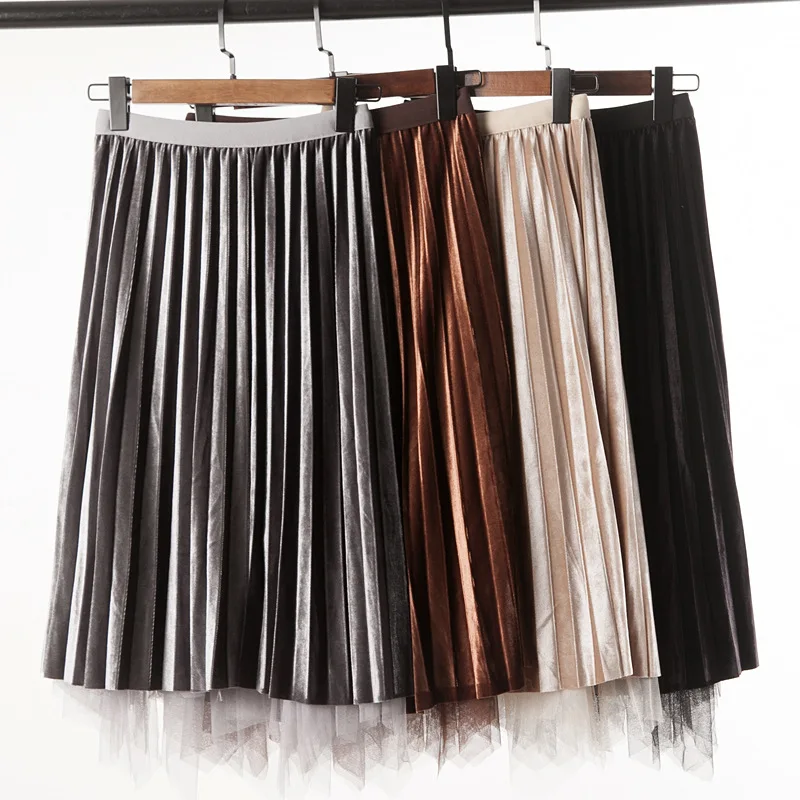 Женская плиссированная юбка с высокой талией бархатная двойным верхом из Джерси