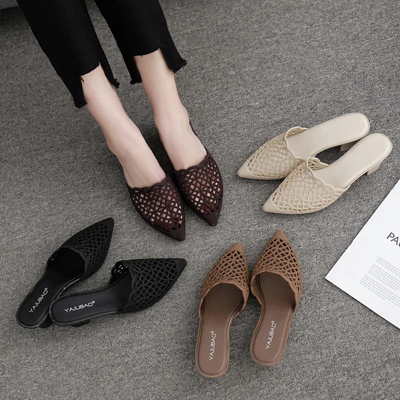 Босоножки женские сетчатые с острым носком на толстом каблуке нескользящей