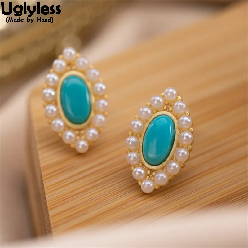 

Uglyless Luxury Palace Style Natural Turquoise Pearls Earrings for Women Real 925 Silver Vintage Jewelry Rhombus Earrings Gems