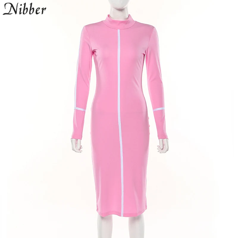 Pink Весенние новые черные белые высокие уличные платья женские элегантные облегающие миди платья mujer offic дамские модные повседневные облегающие платья - Color: Pink
