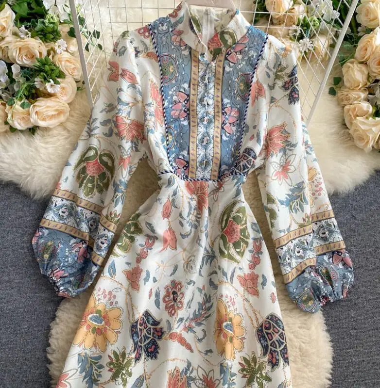 

Spring autumn women's runway fashion long sleeve print fashion dress female casual slim travel long chic dress TB227