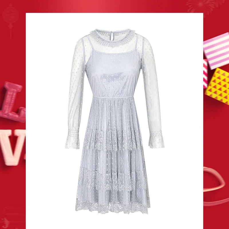 

Spring 2020 new brand women's polka dot mesh elastic waist pleated temperament lady dress 69332