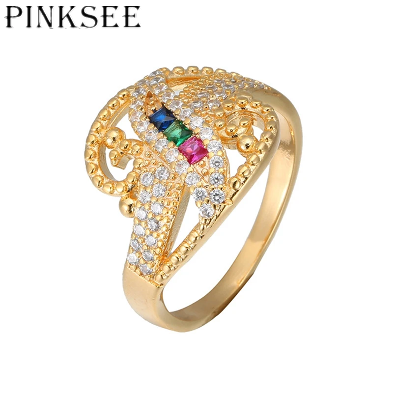 

Pinksee Classic Luxury Colorful Crystal Finger Ring Women Girls Wedding Engagement Fashion Rainbow Zircon Rings Jewelry