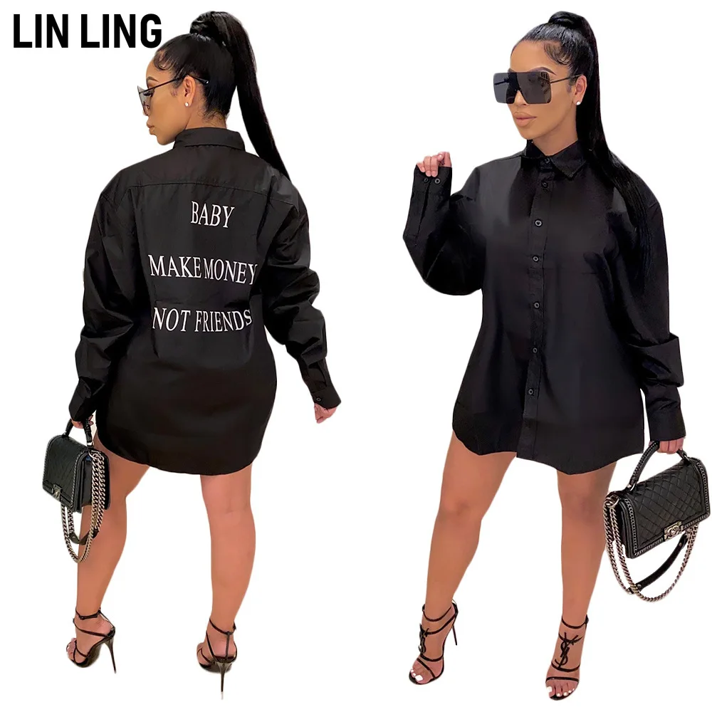 

LINLING Black Full Sleeve Shirt Solid Letter Print Button Skirt Women Casual Temperament Commuter Style Lounge Wear