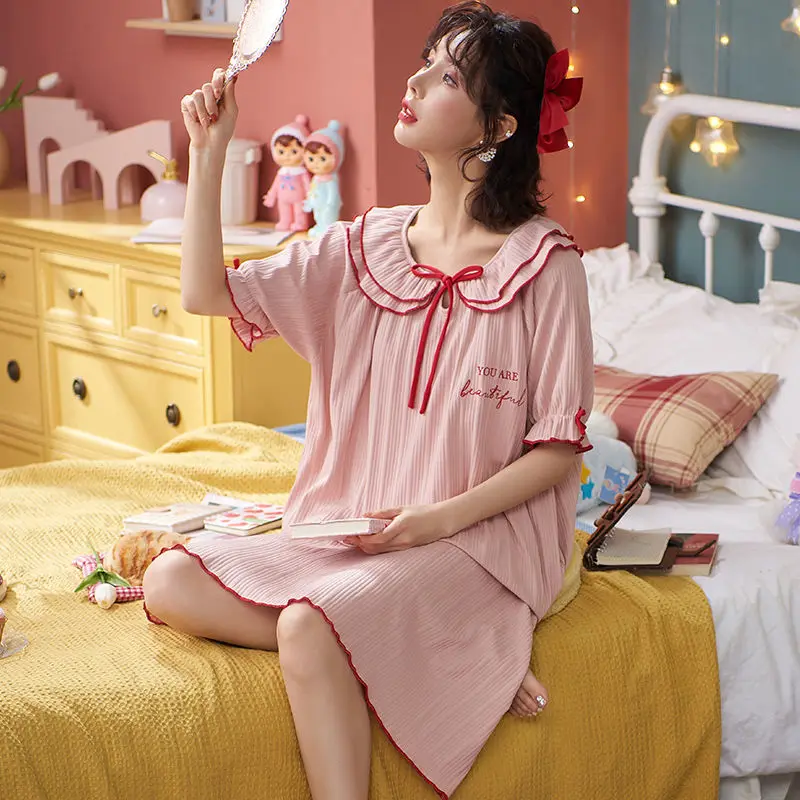 Ночные рубашки женские с оборками милые студенческие однотонные простые ночные