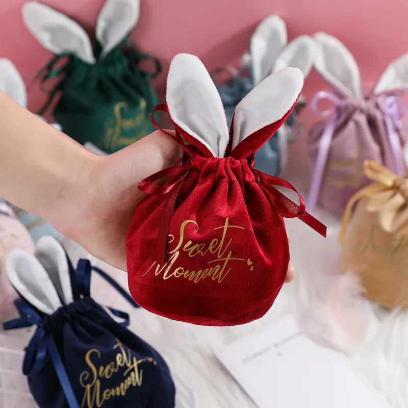 

10pcs/Lot Velvet Candy Bag Wedding Gifts For Guests Bowknot Ribbon Rabbit Ears Pink Green Cloth Sweets Box Souvenir Party Favors