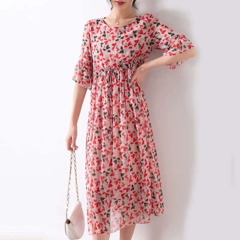 

Flower Elegant 100%silk Georgette Translucent Dress New 2021 Summer Wear Women's Sashes Slim Silk Dress