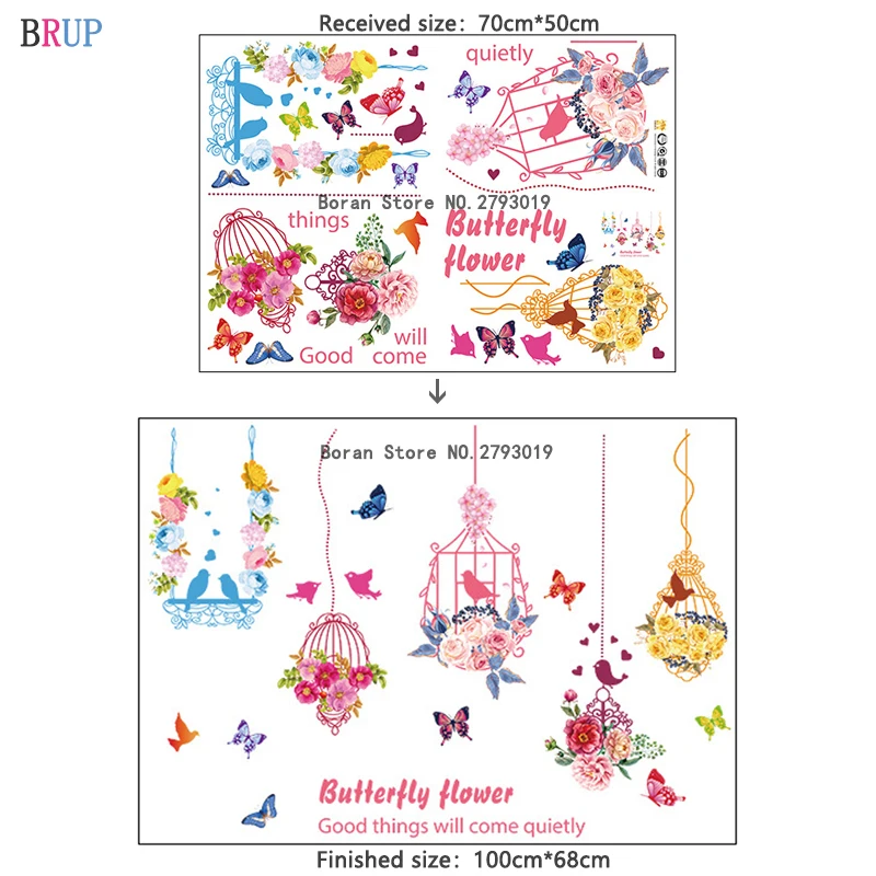 Романтические настенные наклейки цветущей клетки для птиц с яркими бабочками и любовными птицами, изготовленные из ПВХ-винила для украшения дома.