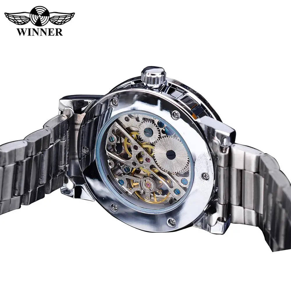 Часы Winner Skeleton Dial модные часы с бриллиантами белые серебристые спортивные из