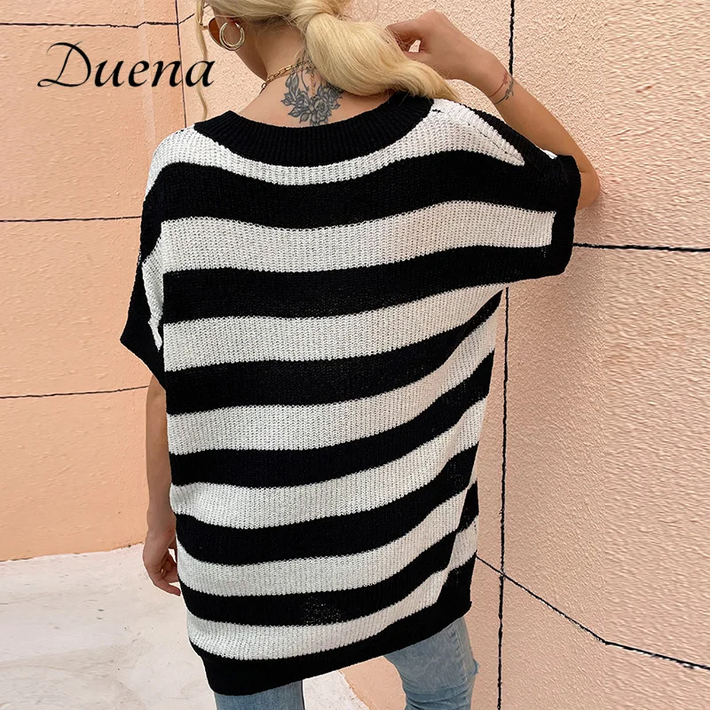 

Duena Sleeveless Sweater Vest Women Stripe Knitted V Neck Fashion Stylish Oversized Loose Winter Tops Ladies