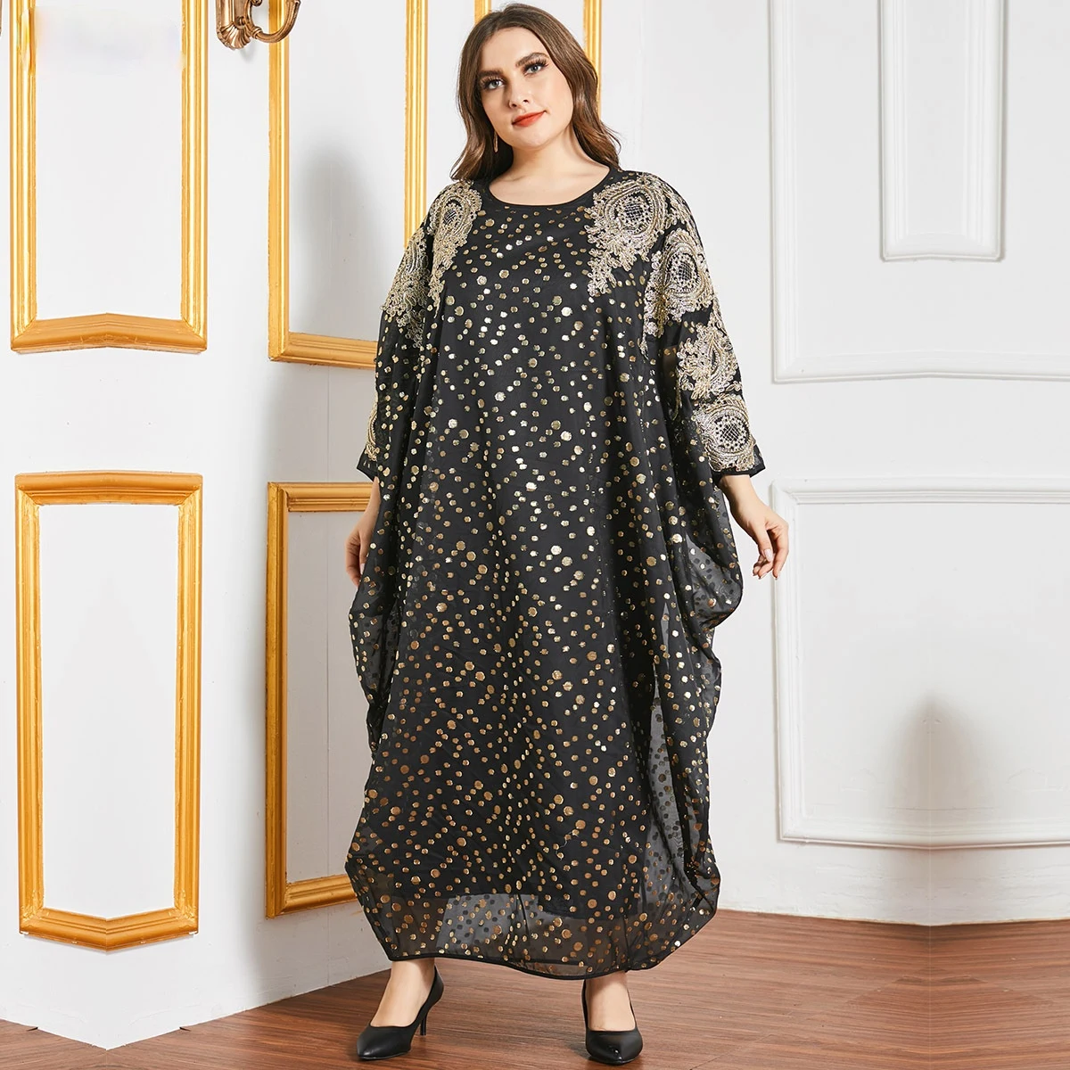 

Abaya Dubai Maxi African Design Loose Robe Gowns Muslim Dress Lady Party Black Dots Printing European Clothes American Clothing
