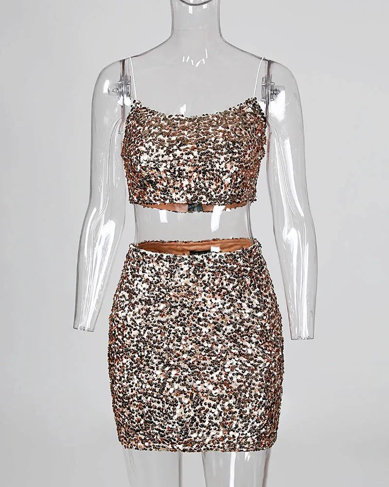

Women Sequins Spaghetti Strap Crop Top & Skirt Sets