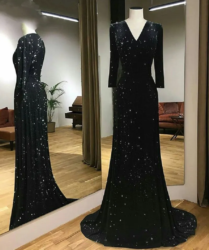 

Black Muslim Evening Dresses A-line V-neck Long Sleeves Beaded Elegant Dubai Saudi Arabic Long Formal Evening Gown