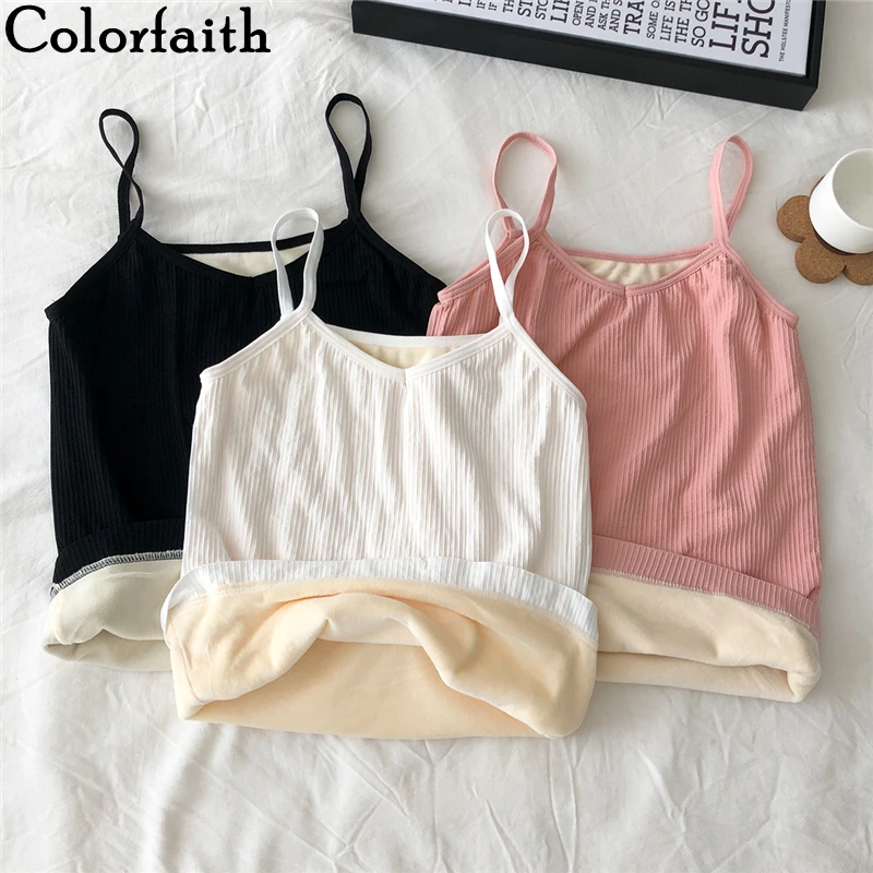 Colorfaith New 2021 Autumn Winter Women Tops Solid Multi Tank Basic Thicken Warm Bottoming Elasticity Vest Pink Short Tops V957