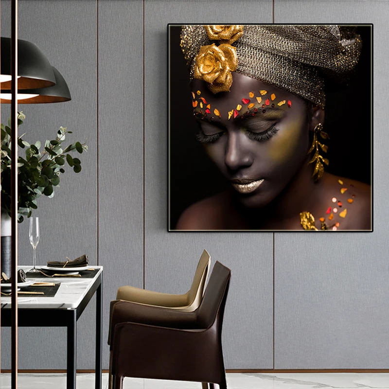 

African Black Woman Canvas Prints Figure Painting Modern Art Scandinavian Square Wall Art Pictures for Bedroom Living Room Decor
