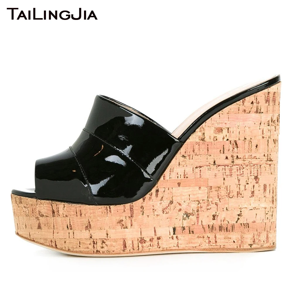 

Wedge Heel Sandals for Women Platforms Shoes High Heel Cork Mules Ladies Black Patent Leather Peep Toe Summer Shoe