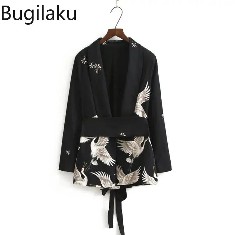 

Bugilaku Printed Vintage Blazer Slim Waist Lace Up Long Sleeve Jackets Notched Collar Casual High Street Outerwear Japan Style