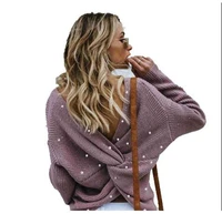 2022 long sleeve with plastic pearl irregular backless deep v neck loose womans sweate knitted jumpers female pullovers