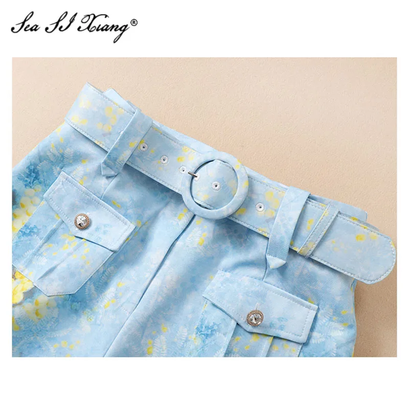 Seasixiang diseñador de moda de primavera de las mujeres de manga larga de blusas Tops de gasa + bolsillos pantalones cortos imprimir conjuntos de dos piezas